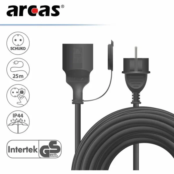 Arcas Strom-Verlängerungskabel, 25m, Schutzkontakt, Außen IP44, Schwarz 3