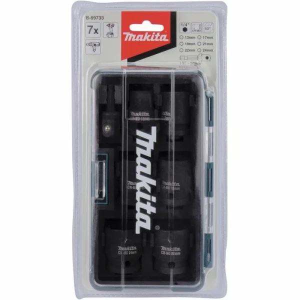 Makita Steckschlüssel B-69733, 7-teilig, 13 – 24mm Schlüsselweite – 38mm Länge, 1/2 Zoll 5