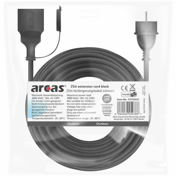 Arcas Strom-Verlängerungskabel, 25m, Schutzkontakt, Außen IP44, Schwarz 7