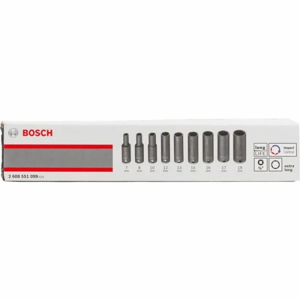 Bosch Steckschlüssel 2608551099, 9-teilig, 7 – 19mm Schlüsselweite – 63mm Länge, 3/8 Zoll 5