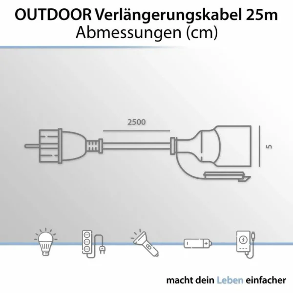 Arcas Strom-Verlängerungskabel, 25m, Schutzkontakt, Außen IP44, Schwarz 4