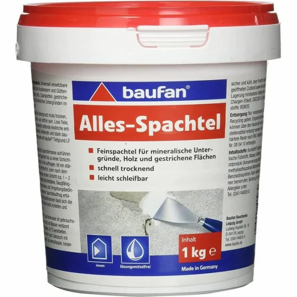 Baufan Spachtelmasse 101070, Alles-Spachtel, Weiß, Für Innenbereich, 1000g 1