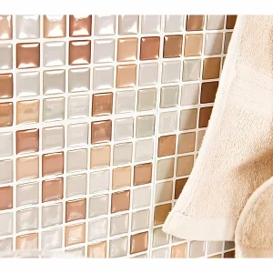 Infactory Fliesensticker:Selbstklebende 3D-Mosaik-Fliesenaufkleber “Bronze”, 26×26 Cm, 15er-Set 16