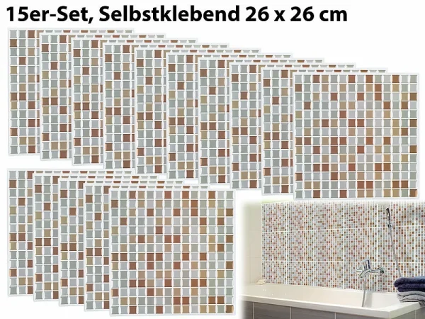 Infactory Fliesensticker:Selbstklebende 3D-Mosaik-Fliesenaufkleber “Bronze”, 26×26 Cm, 15er-Set 1